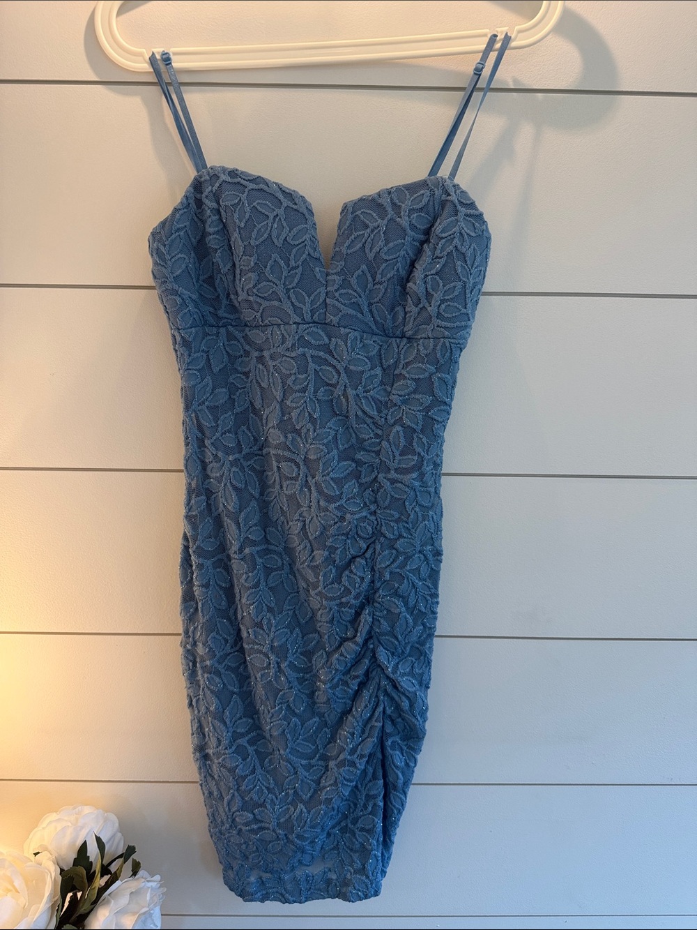 Emerald Sundae Slate Blue Lace Midi Dress with Double Straps